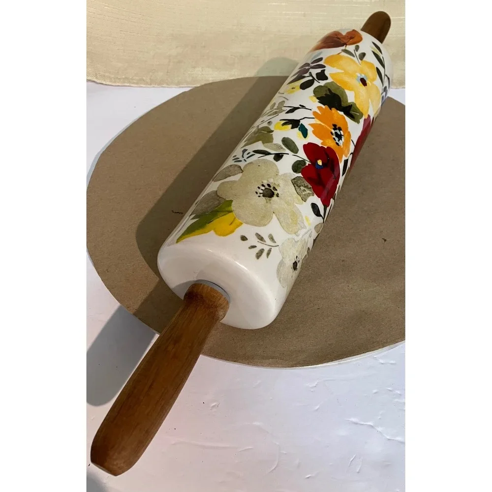 Pioneer Woman RETIRED ceramic Rolling Pin Fall Flowers Autumn Harvest Floral